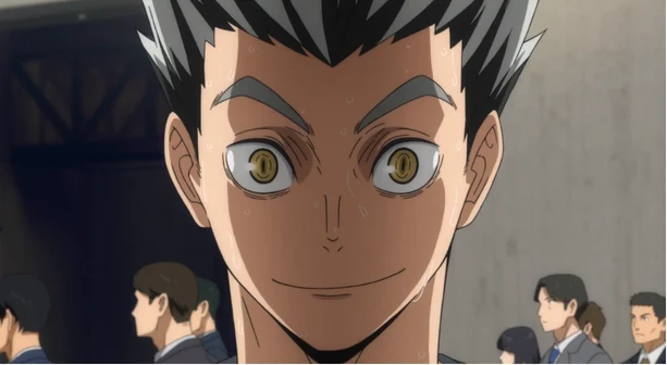 Kotaro Bokuto of Fukurodani Academy locked in, eyes wide, before a rally