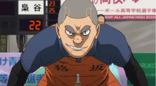 Wakatsu Kiryu of Mujinazaka High grinning at the net, scoreboard behind him