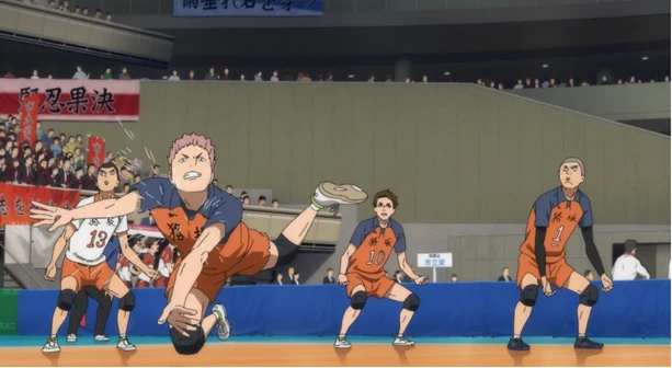 Mujinazaka High players scrambling for a dig in the Where Monsters Go PV