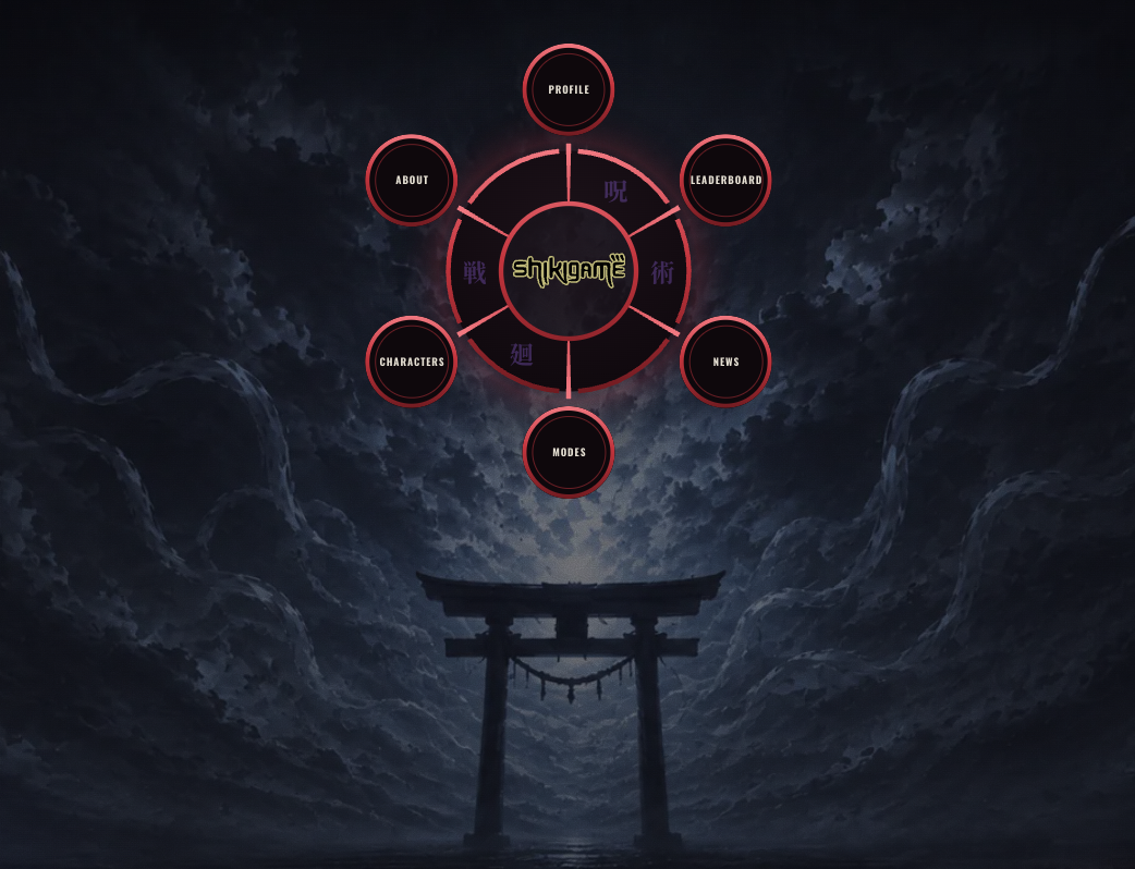 The Shikigame home page, a torii gate under storm clouds with a ring of menu buttons